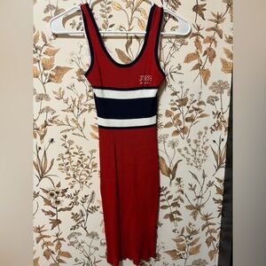 Guess red white and blue midi ribbed dress